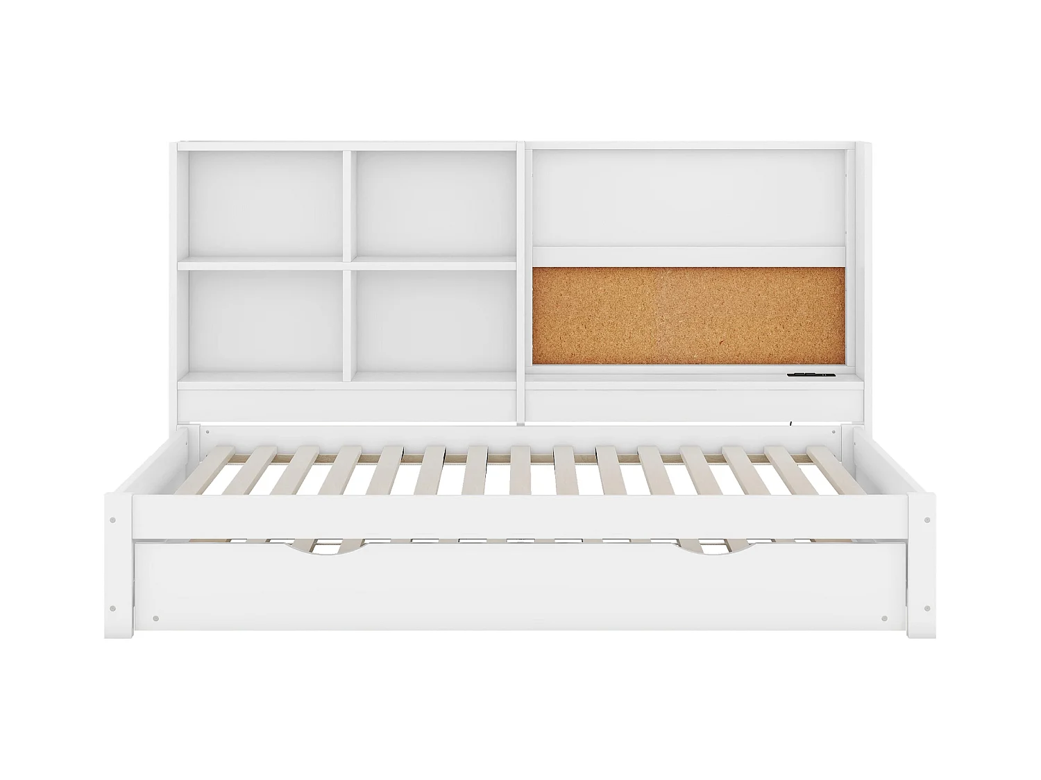 Lit gigogne enfant 90x200 cm avec sommier - tête de lit avec rangements et USB - bois - blanc (sans matelas)