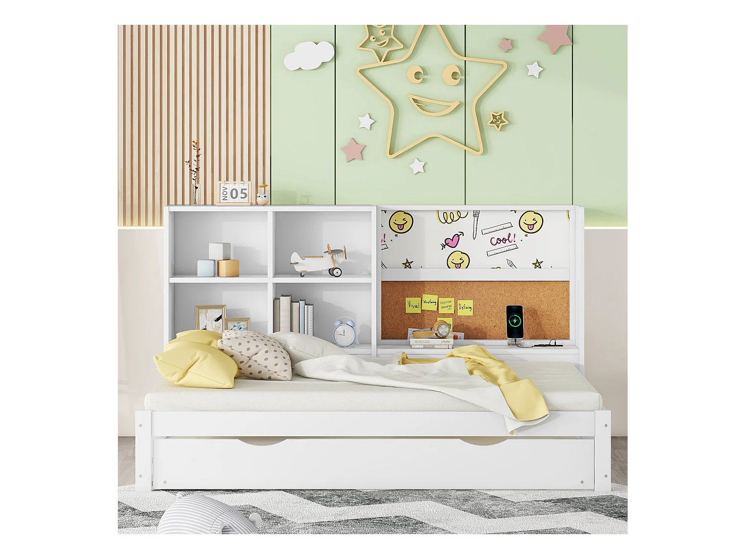 Lit gigogne enfant 90x200 cm avec sommier - tête de lit avec rangements et USB - bois - blanc (sans matelas)