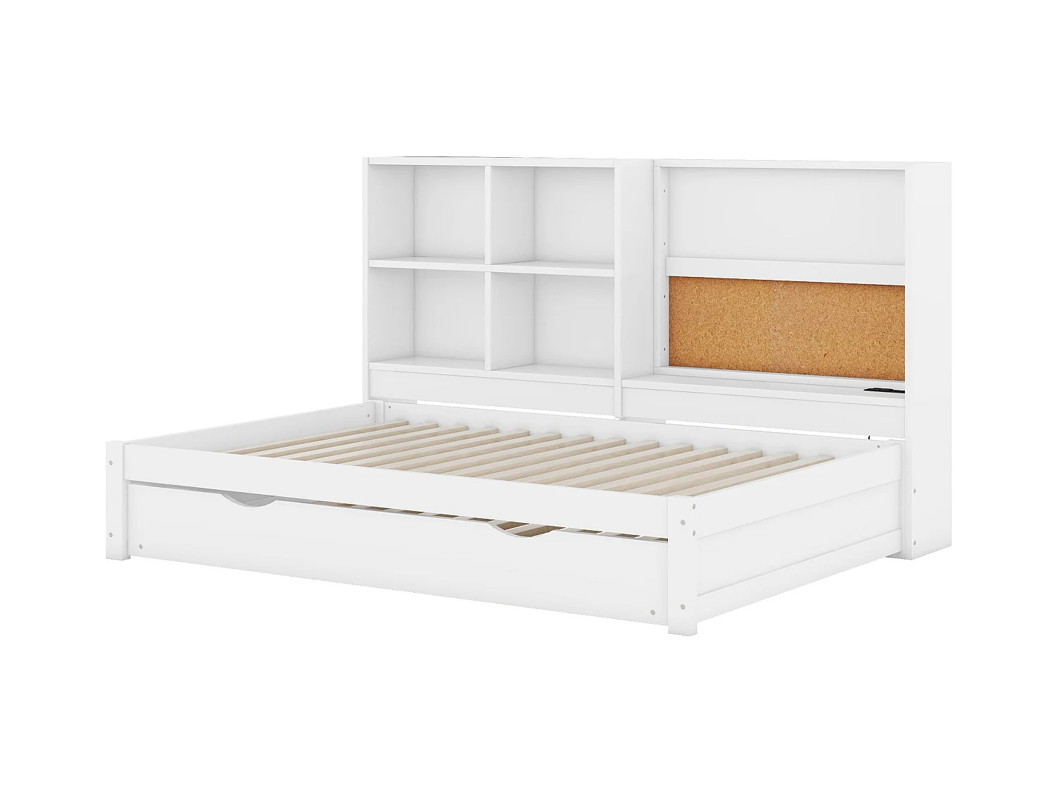 Lit gigogne enfant 90x200 cm avec sommier - tête de lit avec rangements et USB - bois - blanc (sans matelas)