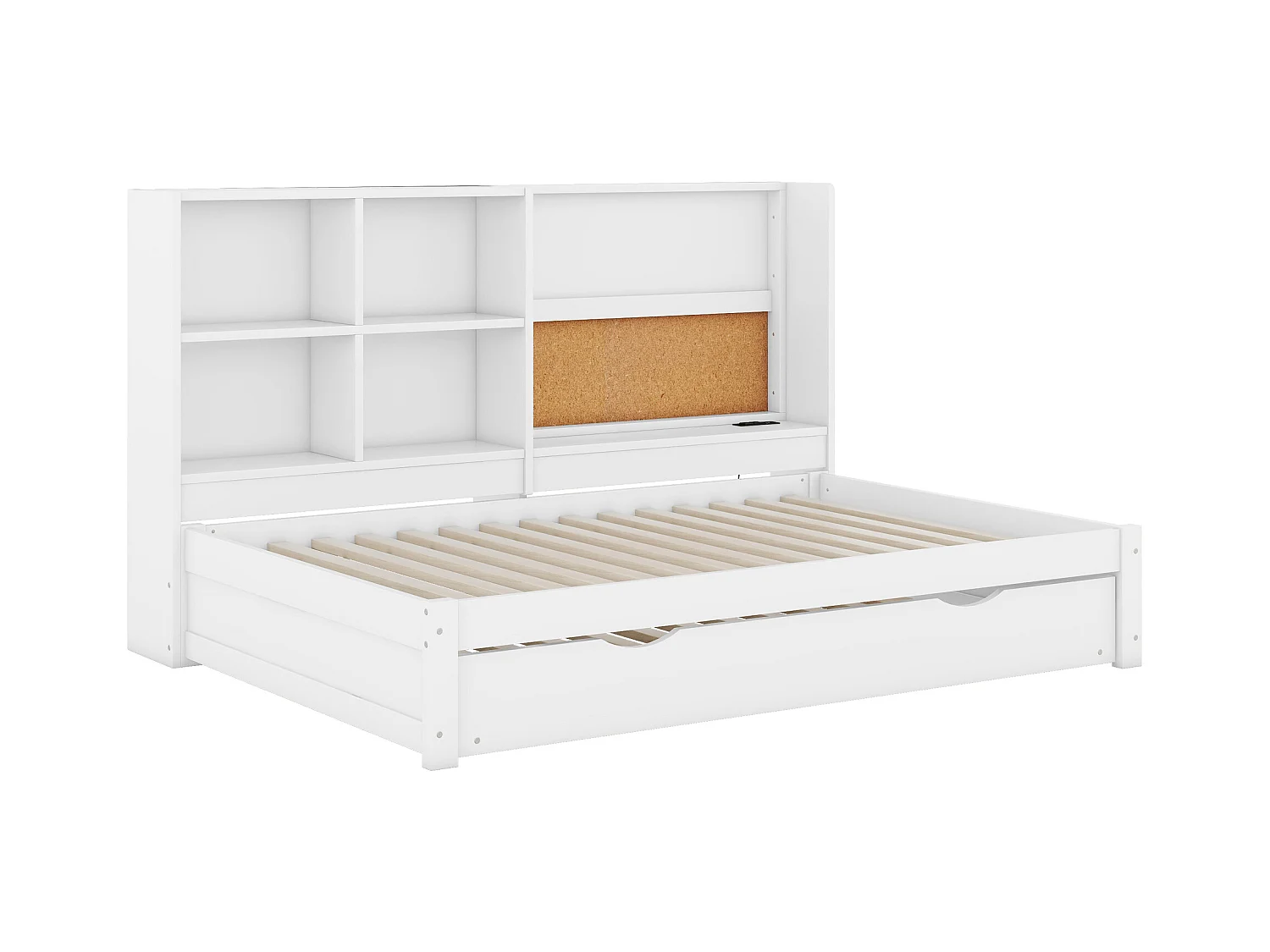 Lit gigogne enfant 90x200 cm avec sommier - tête de lit avec rangements et USB - bois - blanc (sans matelas)