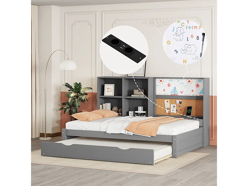 Lit gigogne enfant 90x200 cm avec sommier - tête de lit avec rangements et USB - bois - gris (sans matelas)