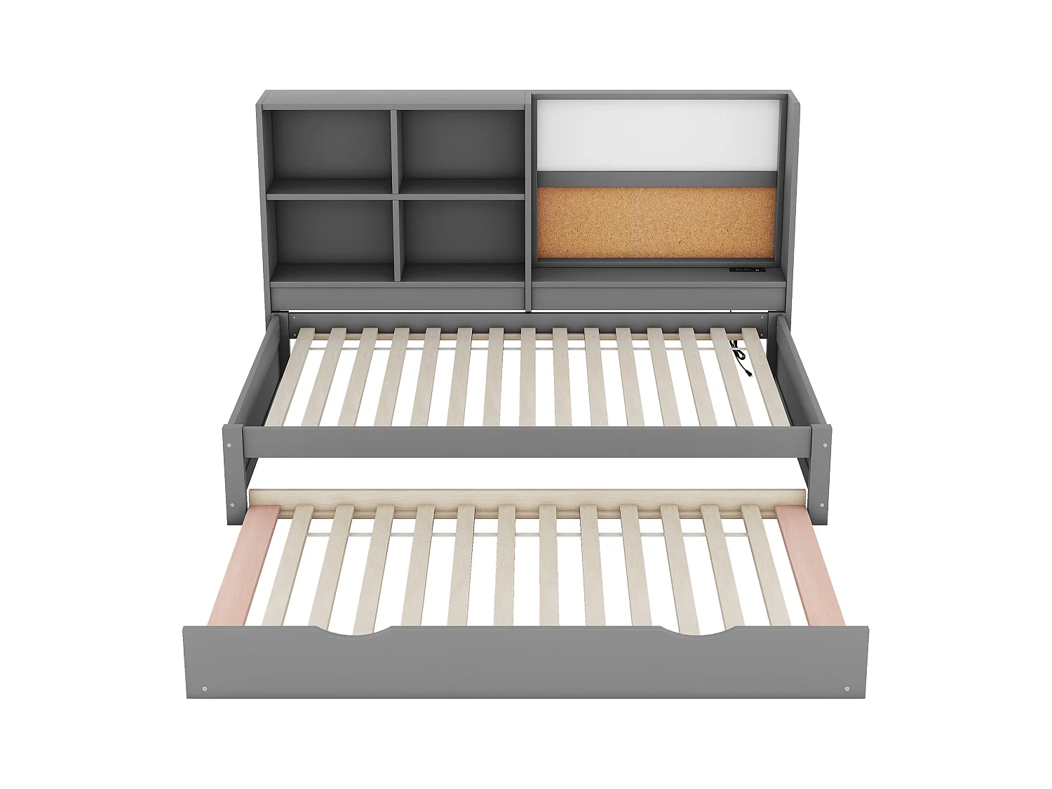 Lit gigogne enfant 90x200 cm avec sommier - tête de lit avec rangements et USB - bois - gris (sans matelas)