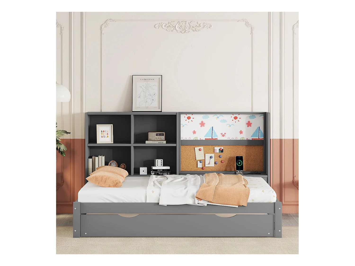 Lit gigogne enfant 90x200 cm avec sommier - tête de lit avec rangements et USB - bois - gris (sans matelas)