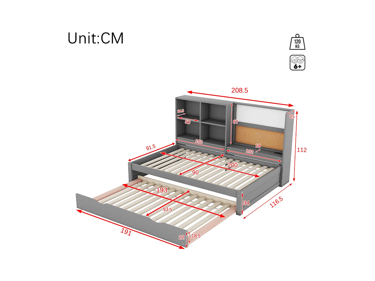 Lit gigogne enfant 90x200 cm avec sommier - tête de lit avec rangements et USB - bois - gris (sans matelas)