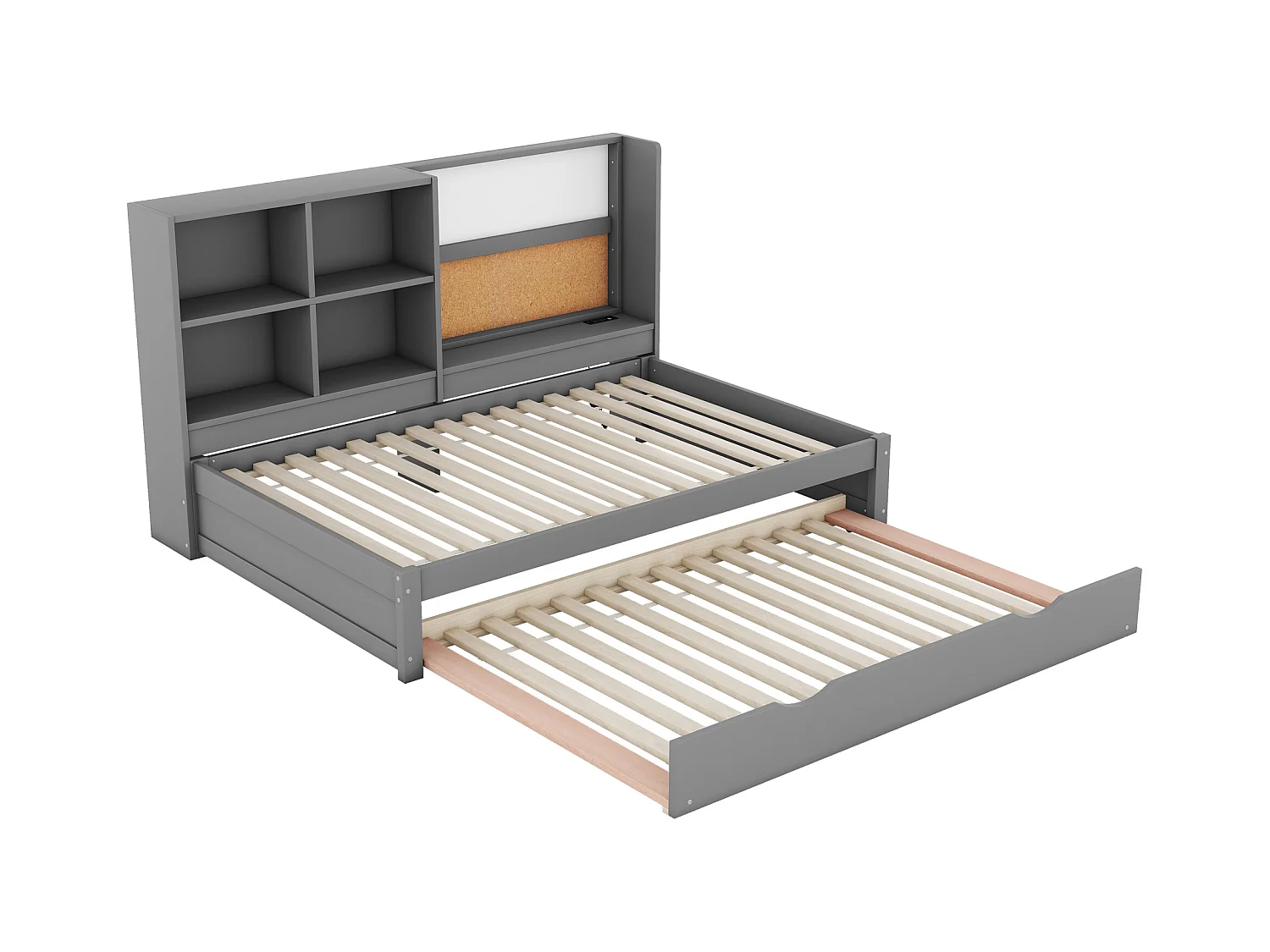 Lit gigogne enfant 90x200 cm avec sommier - tête de lit avec rangements et USB - bois - gris (sans matelas)