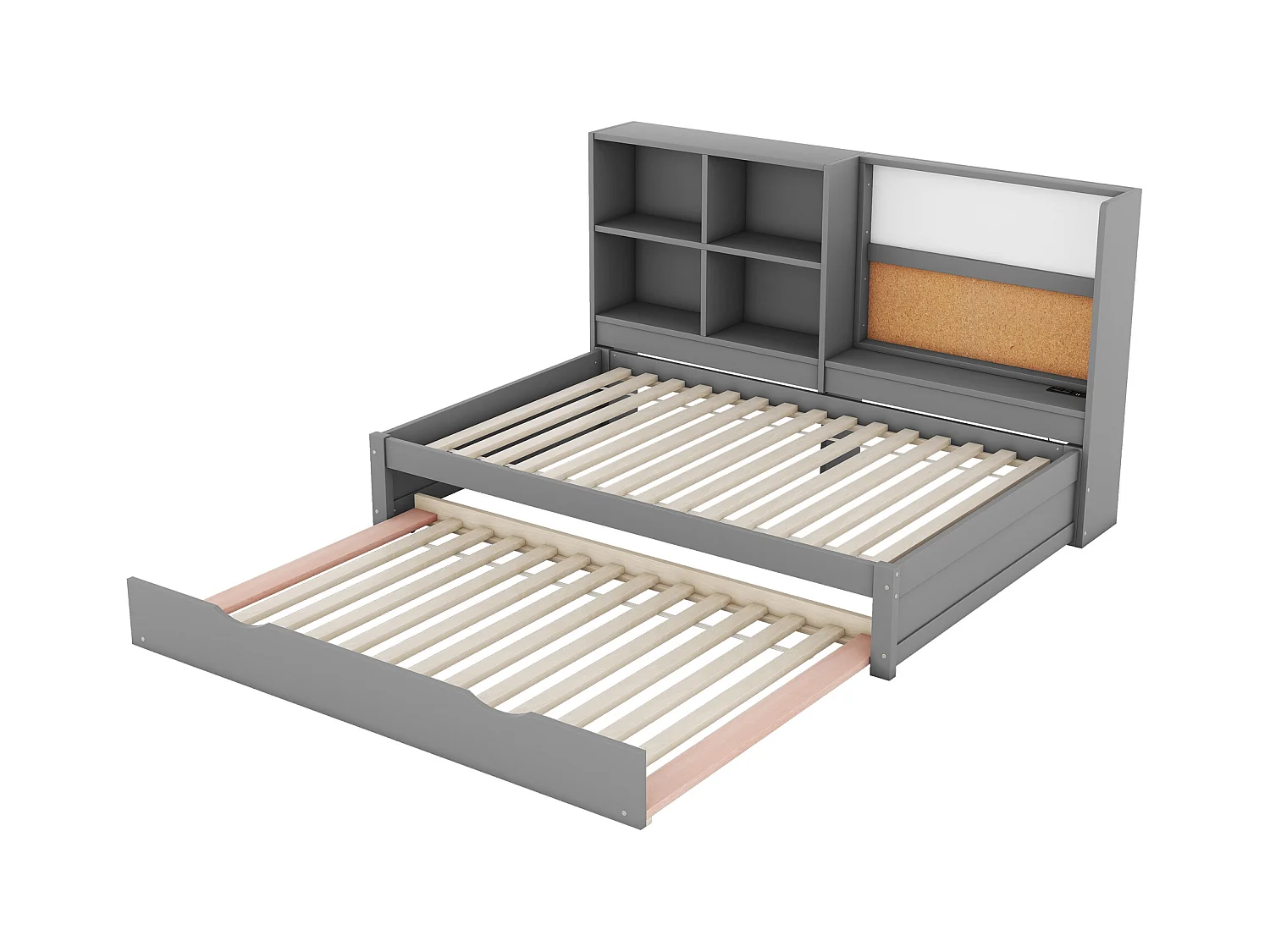 Lit gigogne enfant 90x200 cm avec sommier - tête de lit avec rangements et USB - bois - gris (sans matelas)