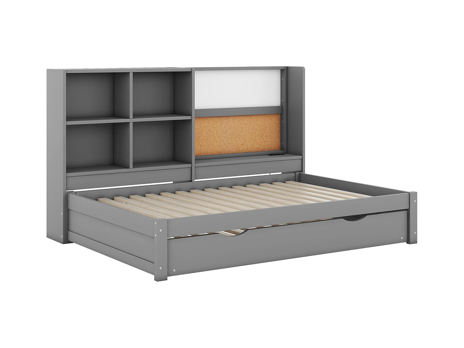 Lit gigogne enfant 90x200 cm avec sommier - tête de lit avec rangements et USB - bois - gris (sans matelas)