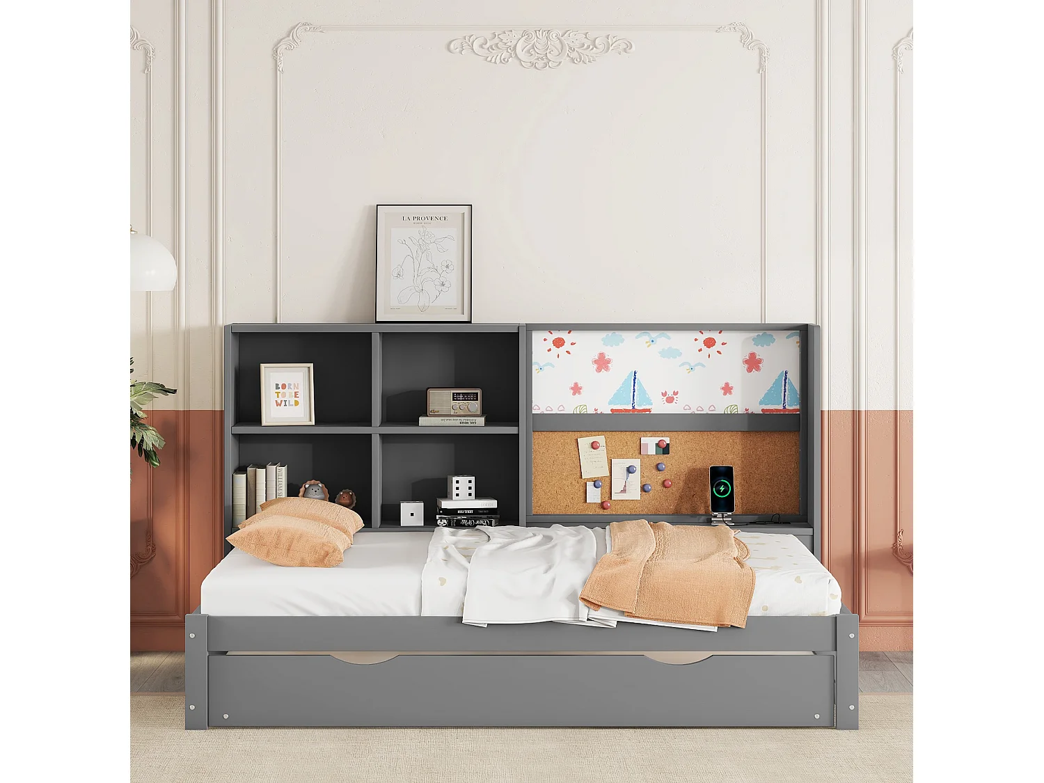 Lit gigogne 90x200 cm avec sommier - tête de lit avec rangements et USB - bois - gris (sans matelas)