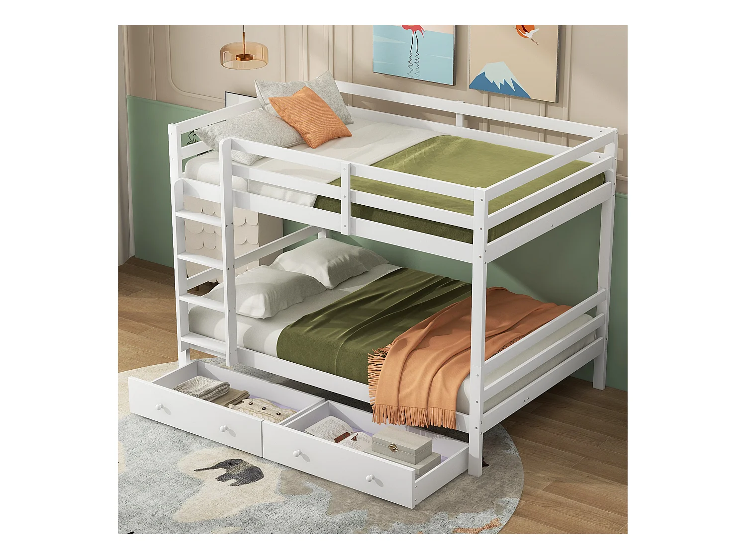 Lit superposé 140x200 cm avec 2 tiroirs - protection anti-chute - bois - blanc (sans matelas)