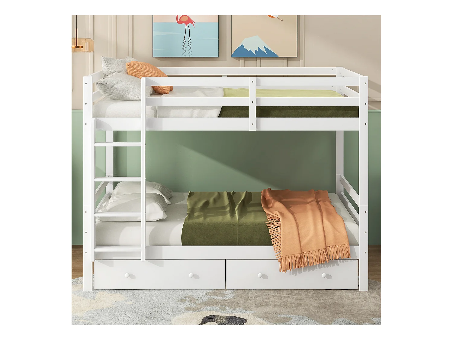 Lit superposé enfant 140x200 cm avec 2 tiroirs - protection anti-chute - bois - blanc (sans matelas)