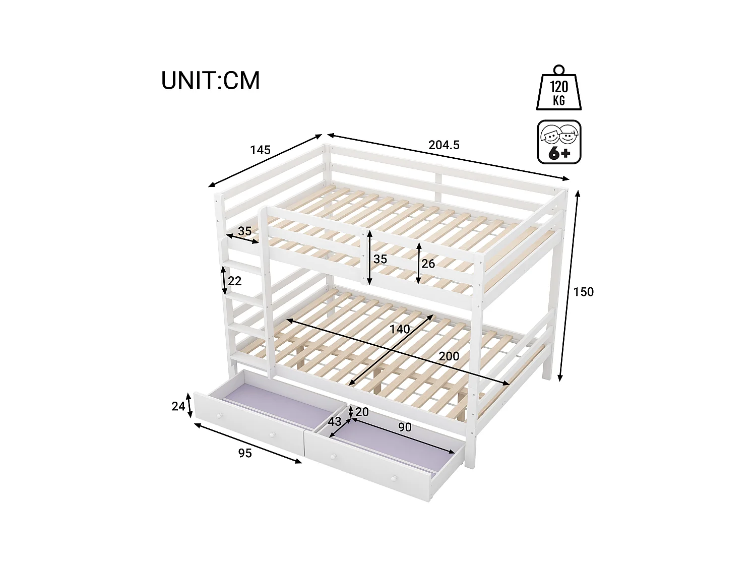 Lit superposé enfant 140x200 cm avec 2 tiroirs - protection anti-chute - bois - blanc (sans matelas)