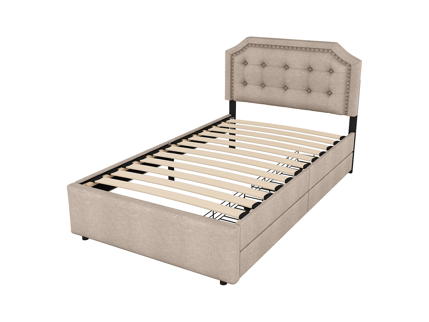 Eenpersoonsbed kinderbed 90x200 cm met lattenbodem - in hoogte verstelbaar hoofdbord met 2 lades - linnen - beigebruin (zonder matras)