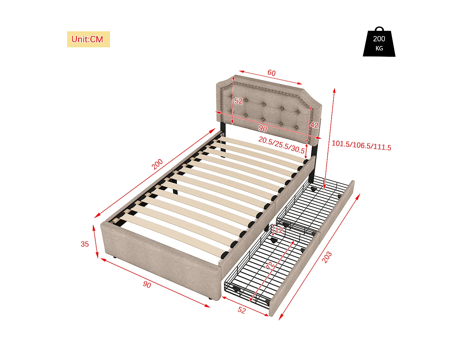 Eenpersoonsbed kinderbed 90x200 cm met lattenbodem - in hoogte verstelbaar hoofdbord met 2 lades - linnen - beigebruin (zonder matras)