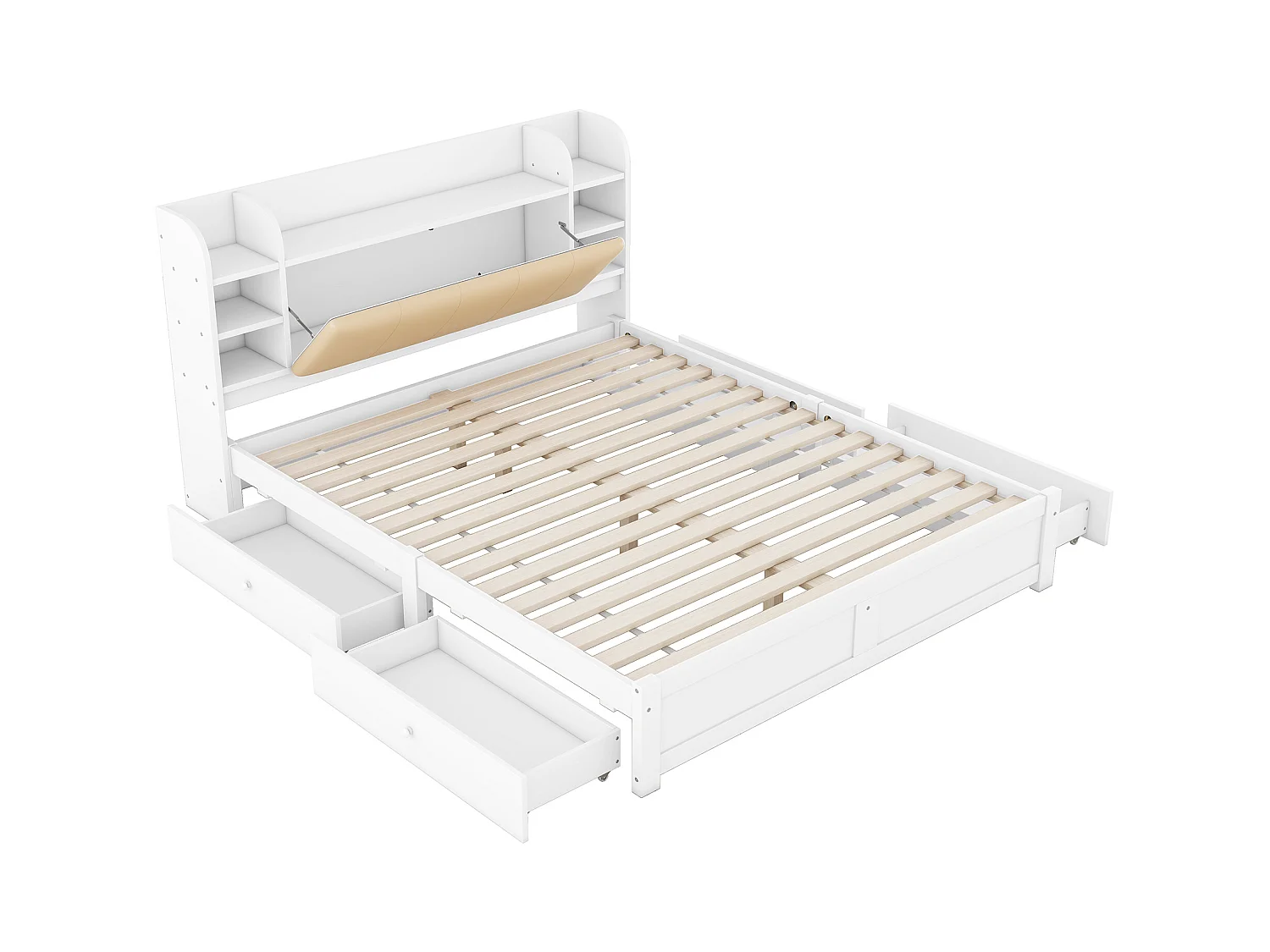 Lit adulte double 180x200 cm cm avec sommier - tête de lit avec rangements et 4 tiroirs - bois - blanc (sans matelas)