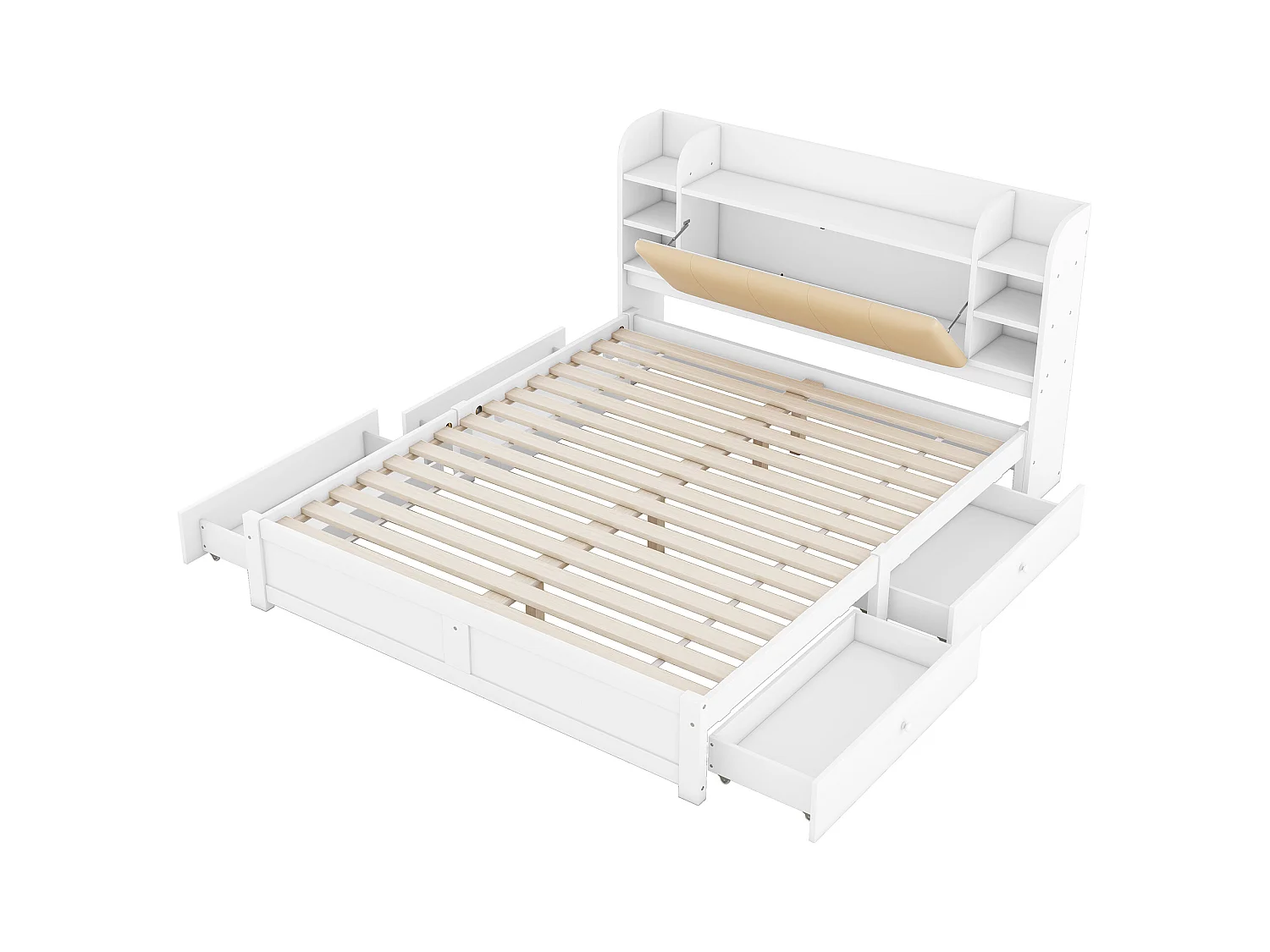 Lit adulte double 180x200 cm cm avec sommier - tête de lit avec rangements et 4 tiroirs - bois - blanc (sans matelas)