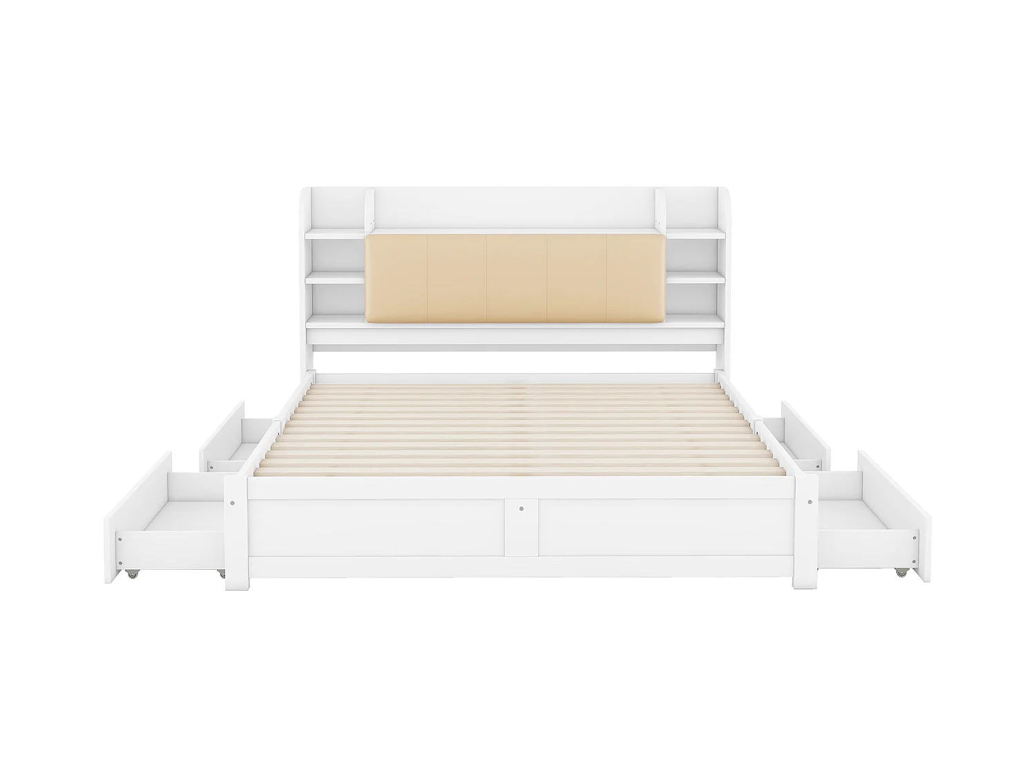Lit adulte double 180x200 cm cm avec sommier - tête de lit avec rangements et 4 tiroirs - bois - blanc (sans matelas)