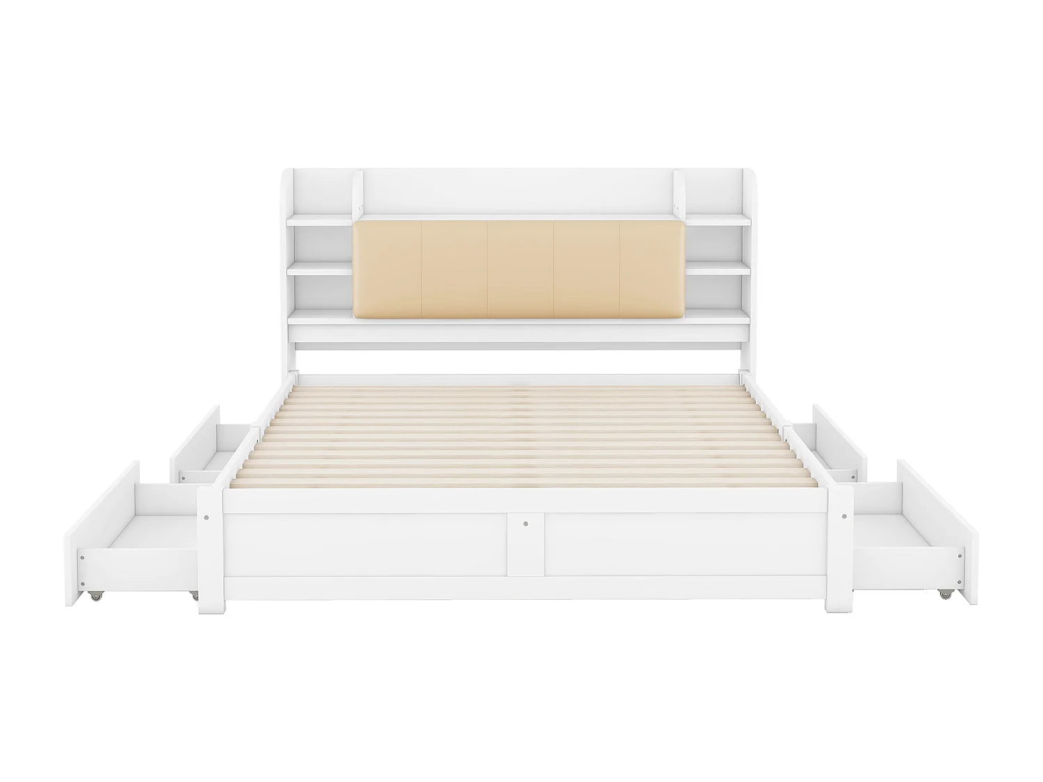 Lit adulte 180x200 cm cm avec sommier - tête de lit avec rangements et 4 tiroirs - bois - blanc (sans matelas)