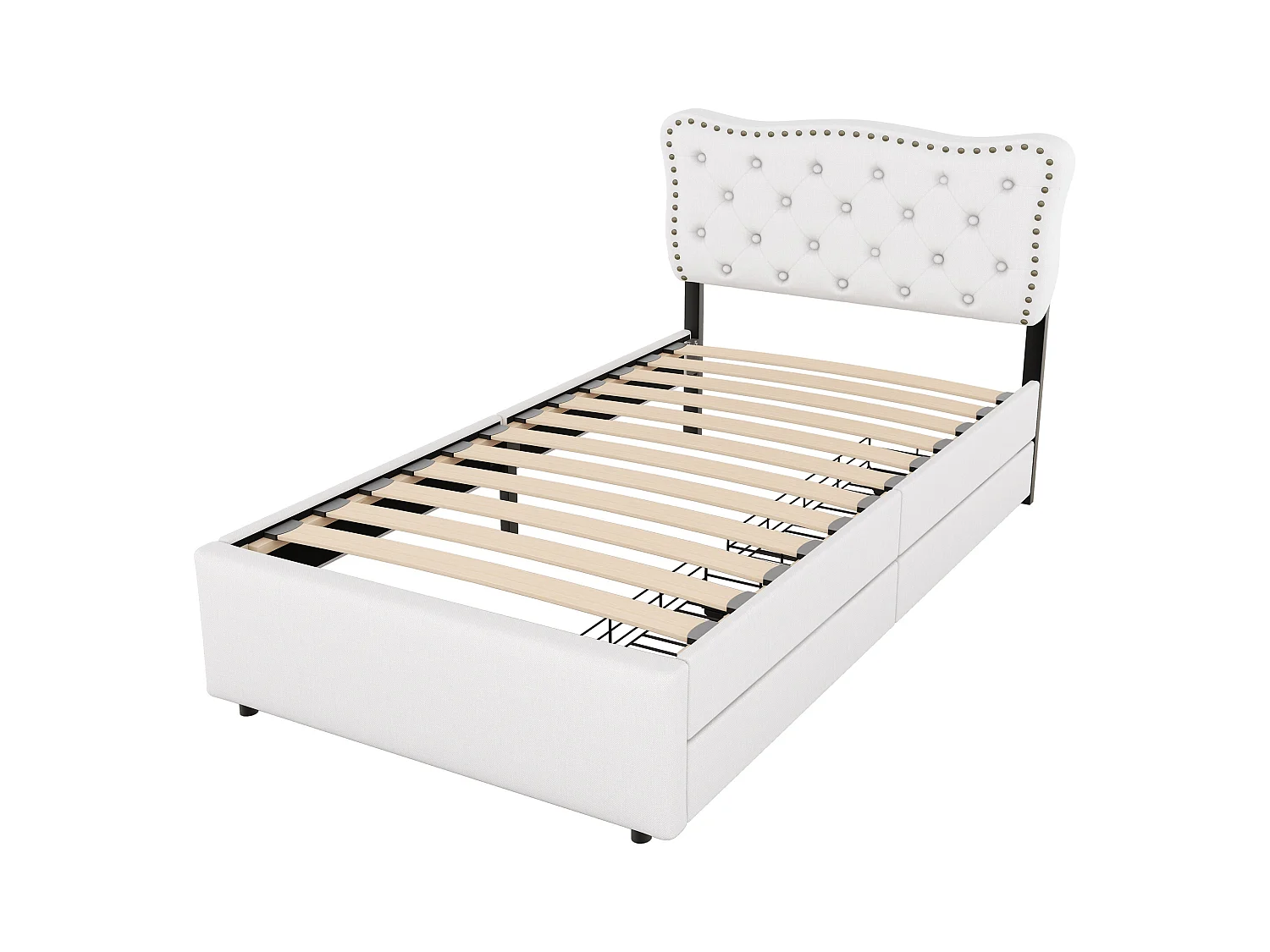 Lit enfant simple 90x200 cm avec sommier - tête de lit réglable en hauteur avec 2 tiroirs - lin - beige (sans matelas)