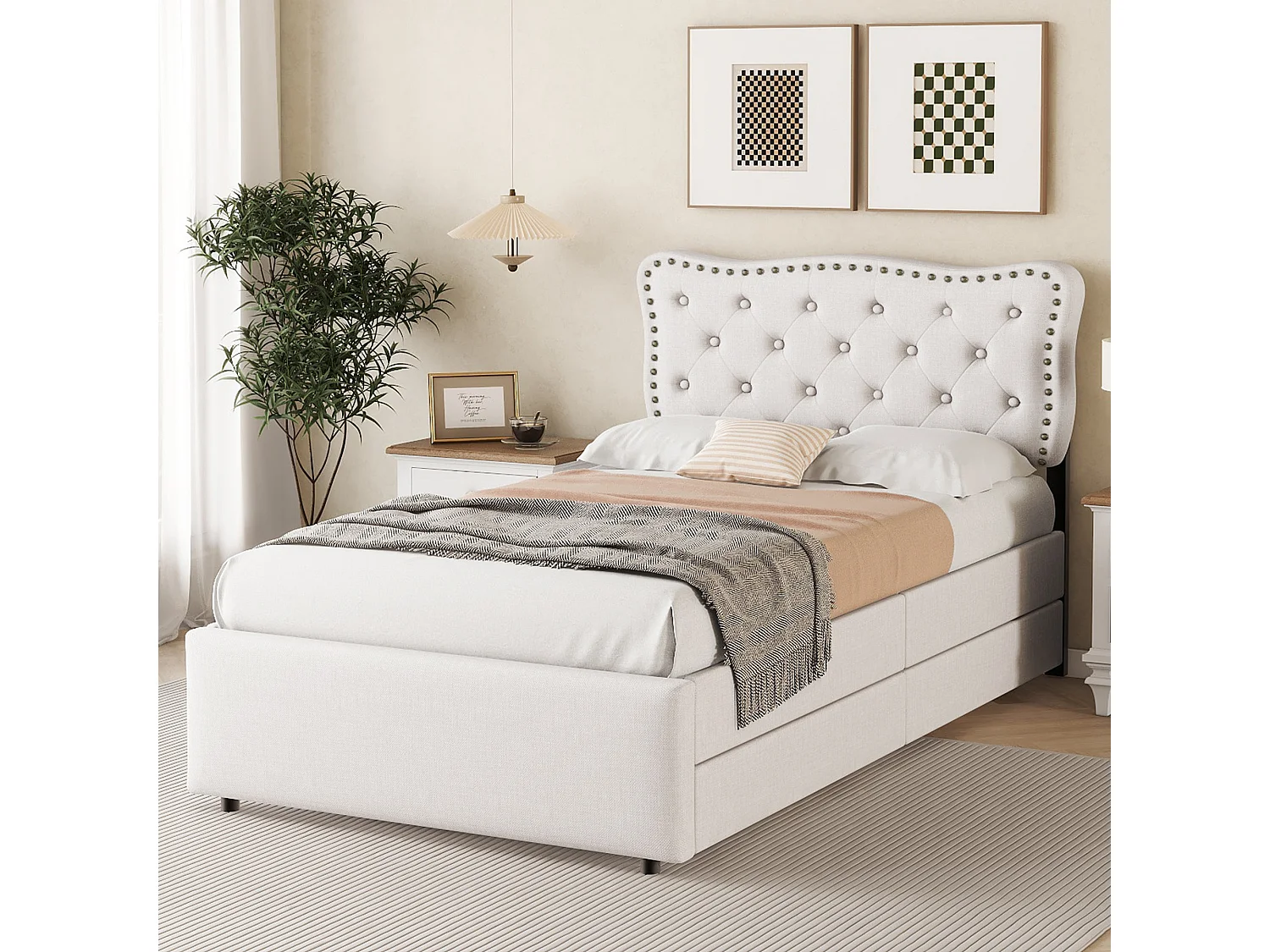 Lit enfant simple 90x200 cm avec sommier - tête de lit réglable en hauteur avec 2 tiroirs - lin - beige (sans matelas)