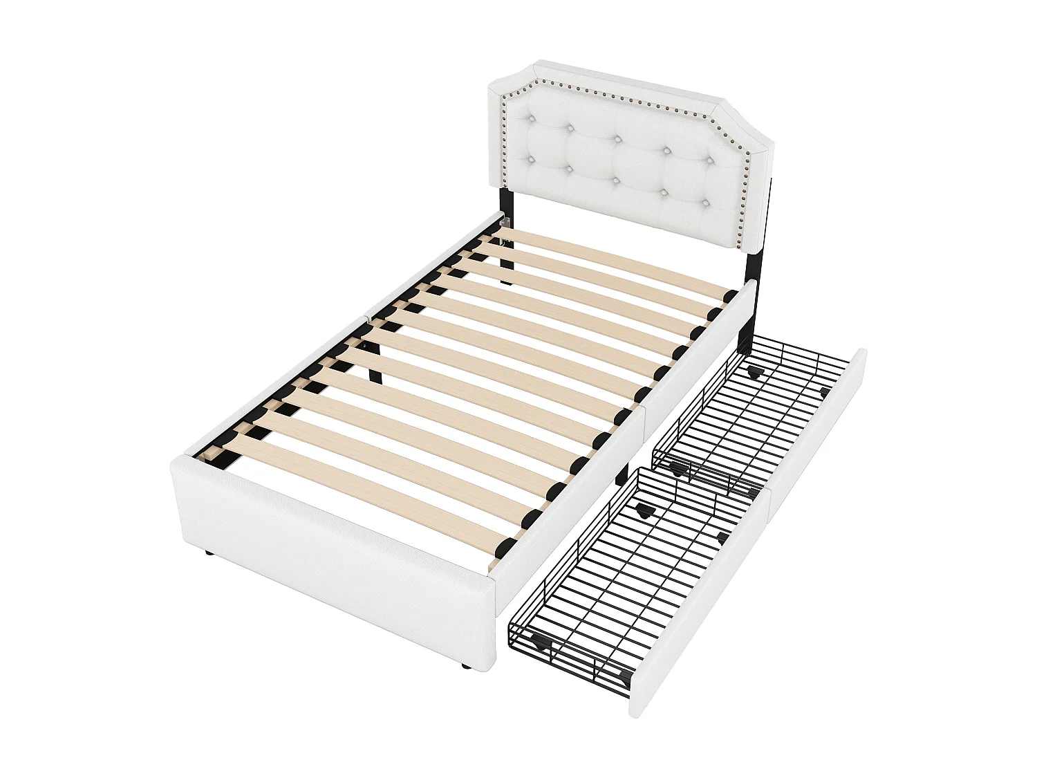 Lit enfant simple 90x200 cm avec sommier - tête de lit réglable en hauteur avec 2 tiroirs - lin - beige (sans matelas)