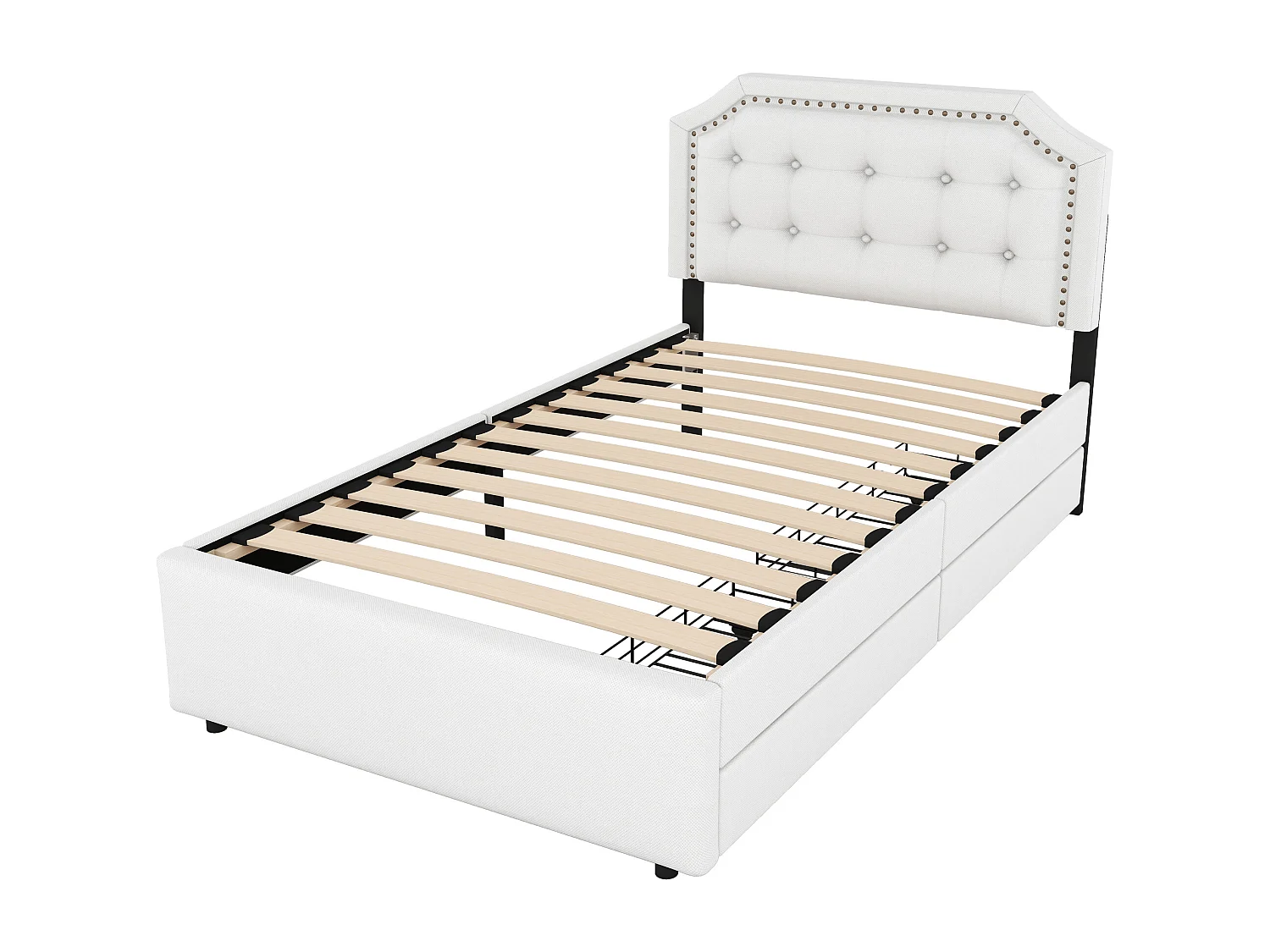 Lit enfant simple 90x200 cm avec sommier - tête de lit réglable en hauteur avec 2 tiroirs - lin - beige (sans matelas)