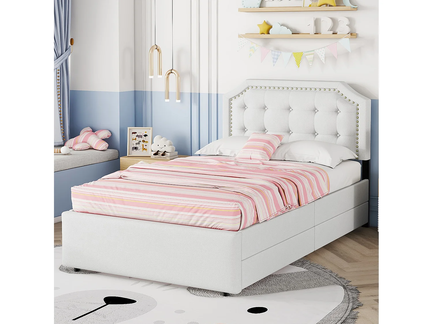 Lit enfant simple 90x200 cm avec sommier - tête de lit réglable en hauteur avec 2 tiroirs - lin - beige (sans matelas)