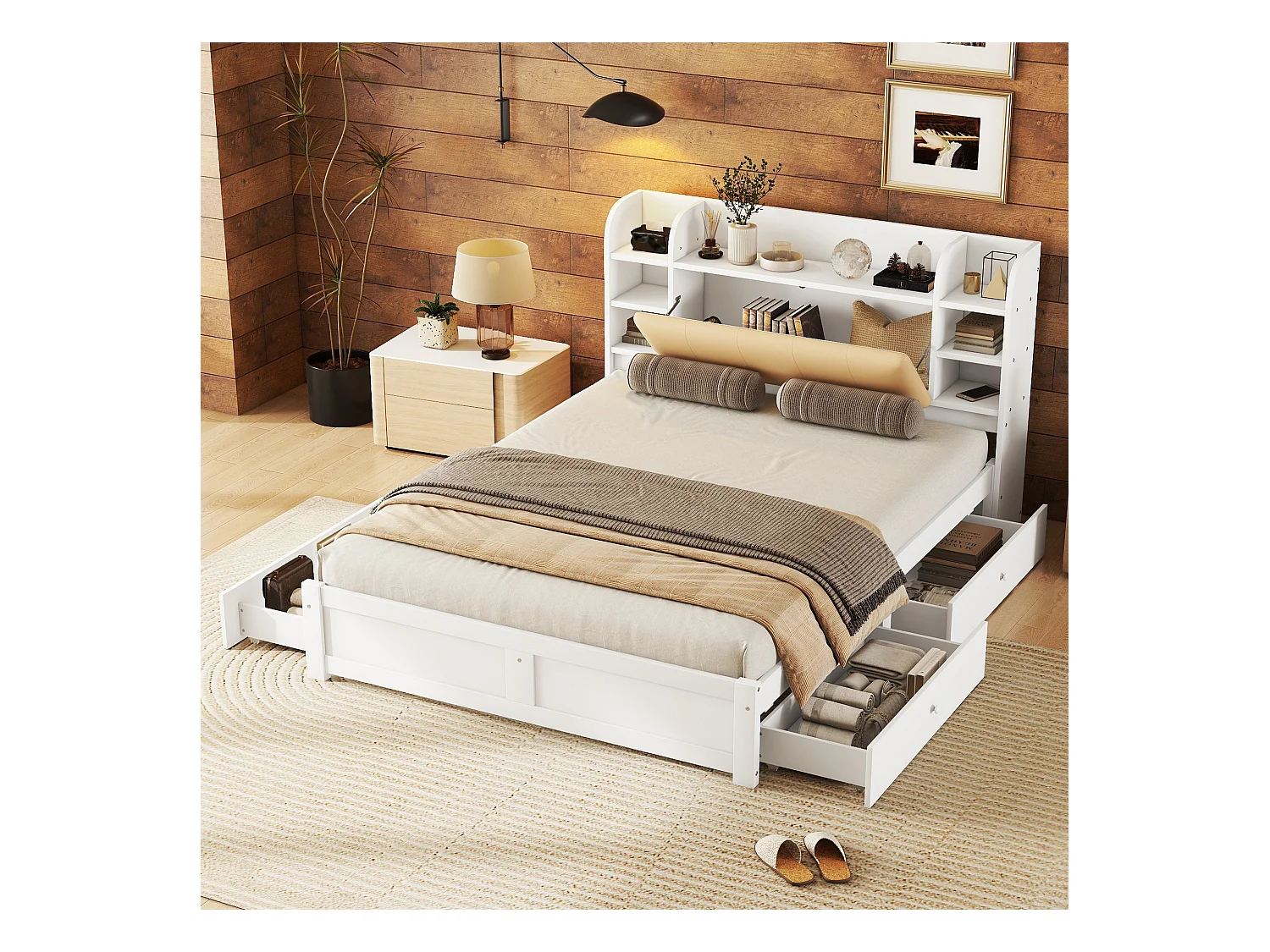 Lit adulte double 160x200 cm cm avec sommier - tête de lit avec rangements et 4 tiroirs - bois - blanc (sans matelas)