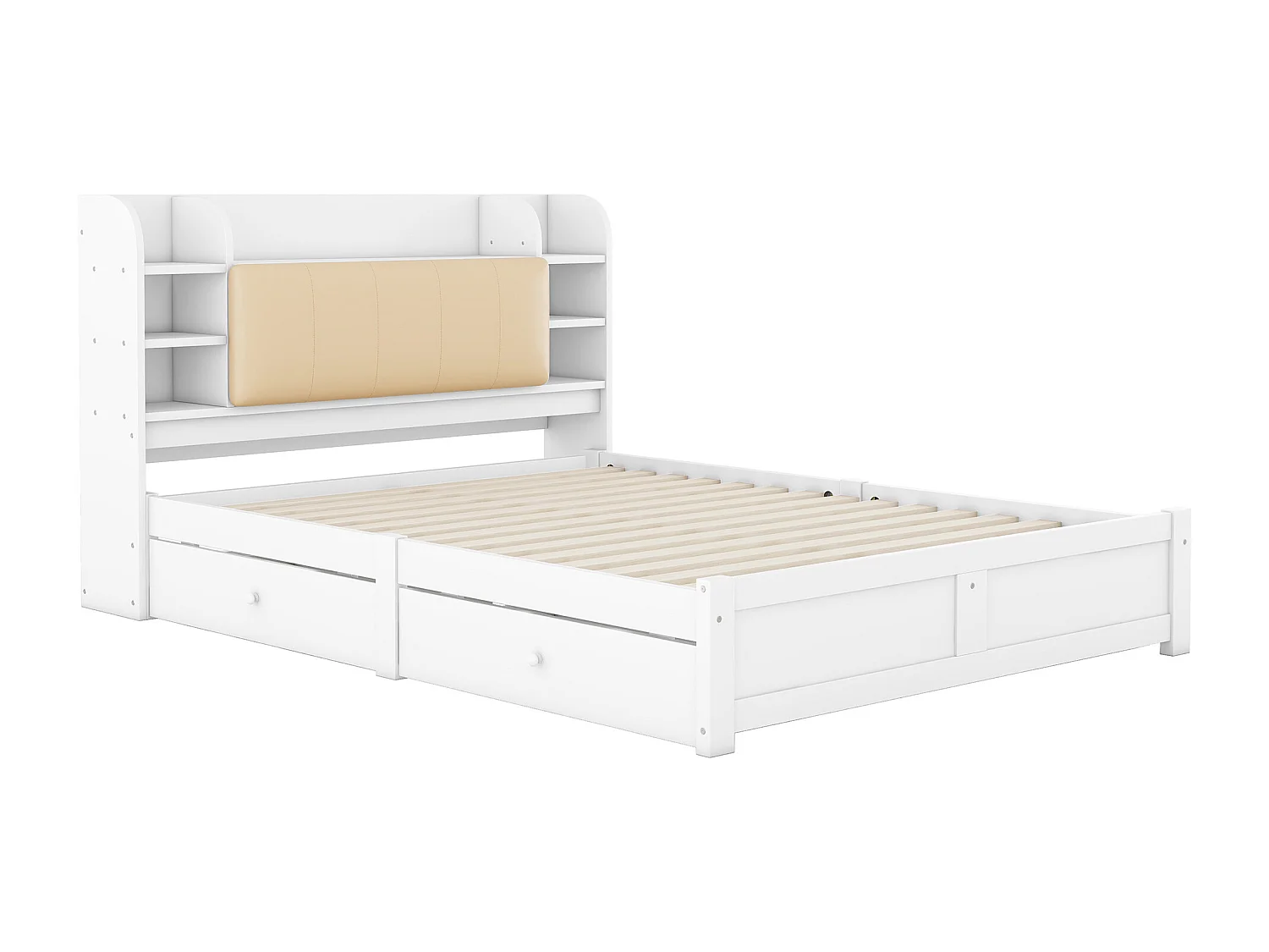 Lit adulte double 160x200 cm cm avec sommier - tête de lit avec rangements et 4 tiroirs - bois - blanc (sans matelas)