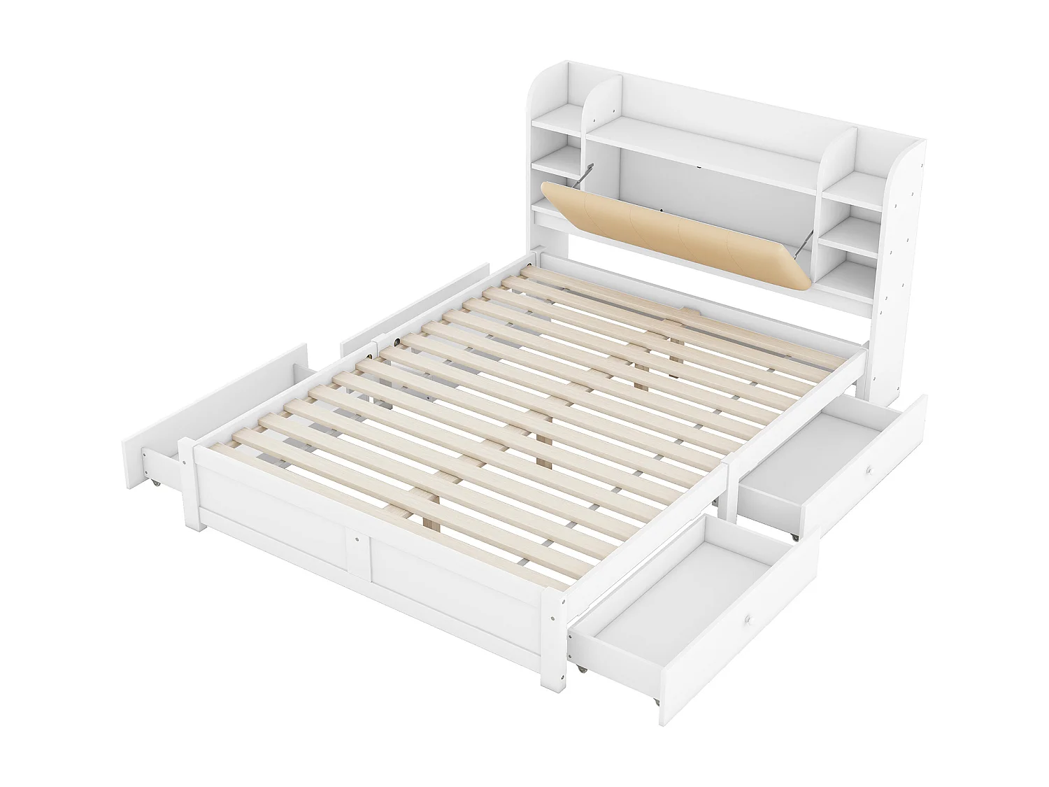 Lit adulte 160x200 cm avec sommier - tête de lit avec rangements et 4 tiroirs - bois - blanc (sans matelas)