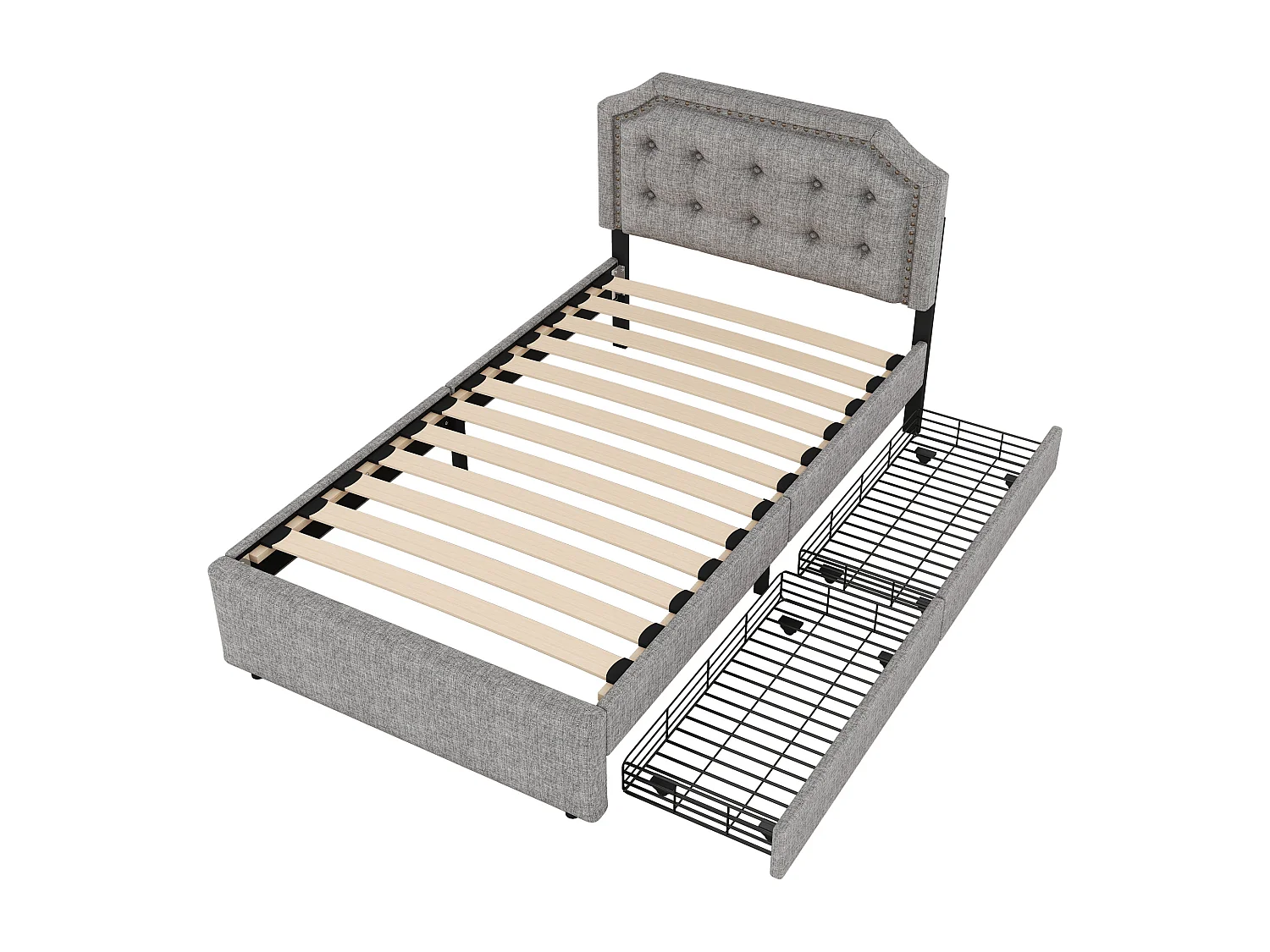 Eenpersoonsbed kinderbed 90x200 cm met lattenbodem - in hoogte verstelbaar hoofdbord met 2 lades - linnen - grijs (zonder matras)
