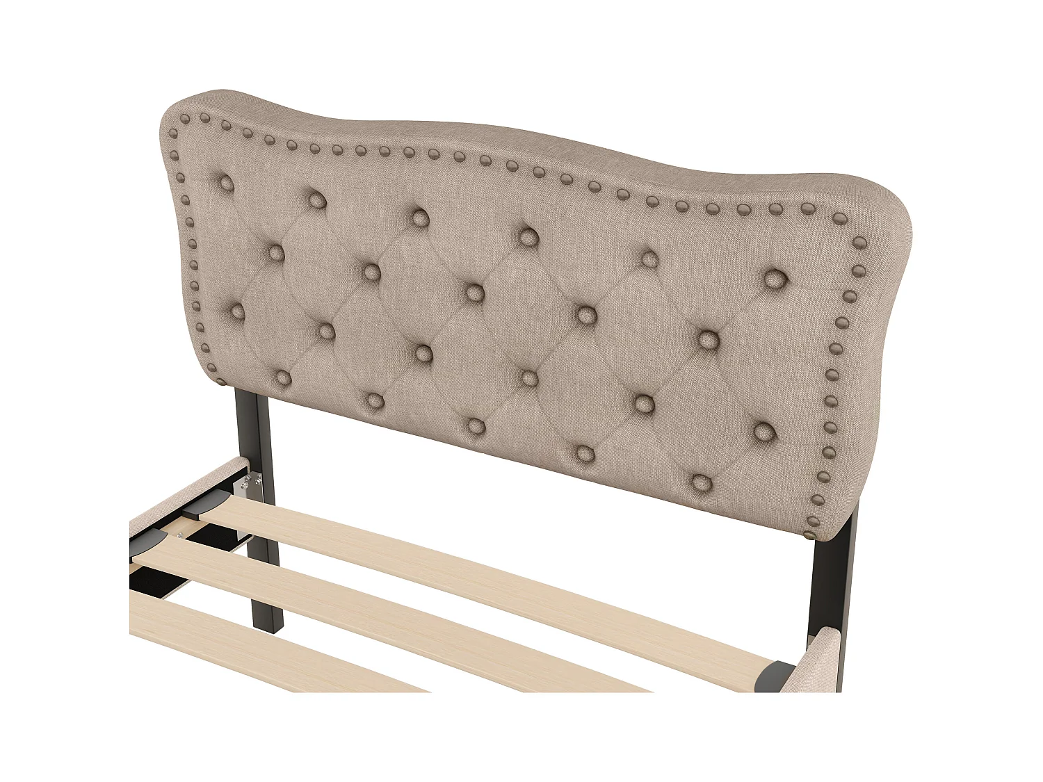 Eenpersoonsbed kinderbed 90x200 cm met lattenbodem - in hoogte verstelbaar hoofdbord met 2 lades - linnen - beigebruin (zonder matras)