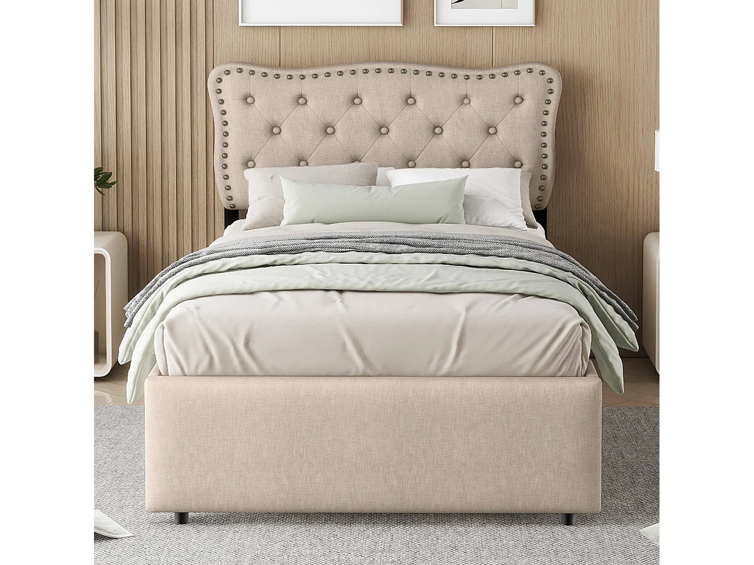 Lit enfant 90x200 cm avec sommier - tête de lit réglable en hauteur avec 2 tiroirs - lin - beige brown (sans matelas)