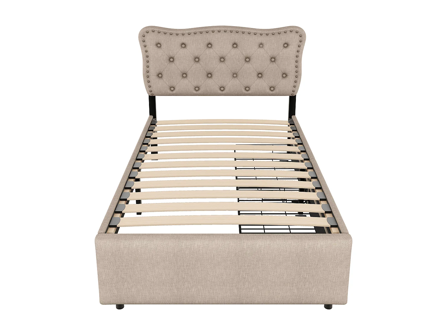 Lit enfant 90x200 cm avec sommier - tête de lit réglable en hauteur avec 2 tiroirs - lin - beige brown (sans matelas)