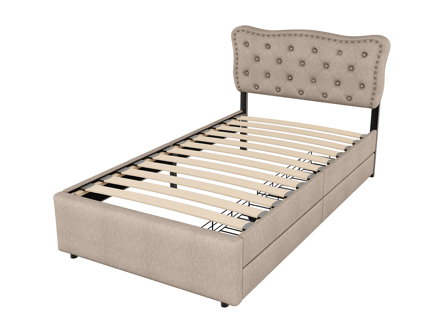 Lit enfant 90x200 cm avec sommier - tête de lit réglable en hauteur avec 2 tiroirs - lin - beige brown (sans matelas)