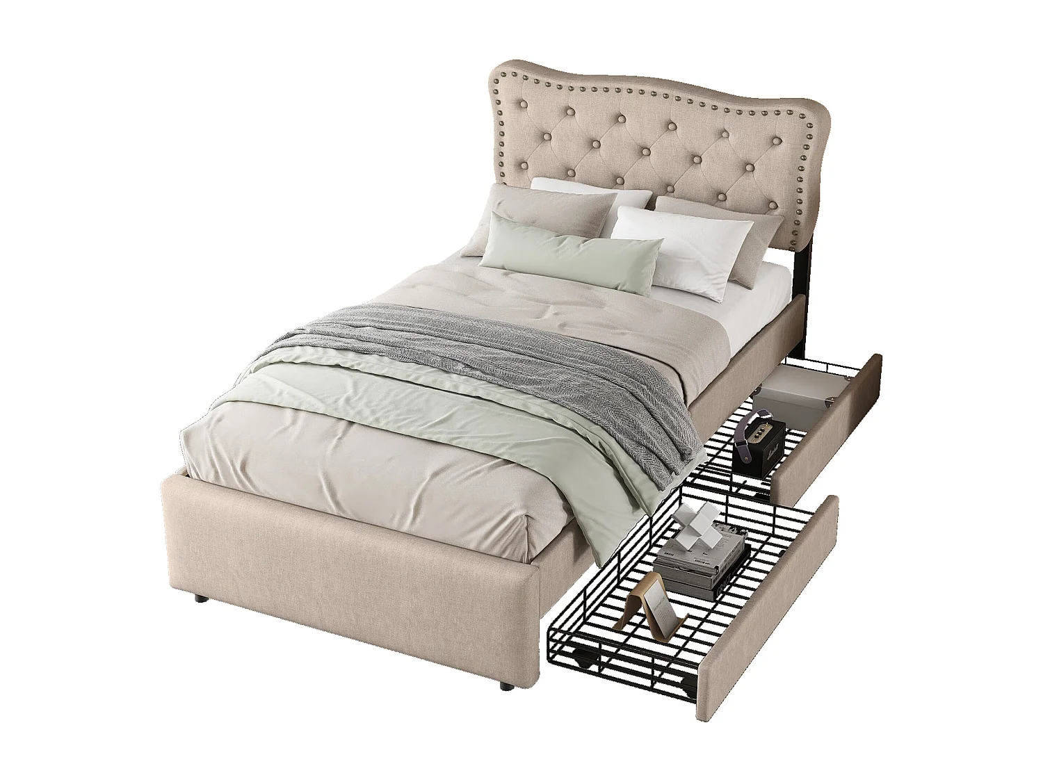 Lit enfant 90x200 cm avec sommier - tête de lit réglable en hauteur avec 2 tiroirs - lin - beige brown (sans matelas)