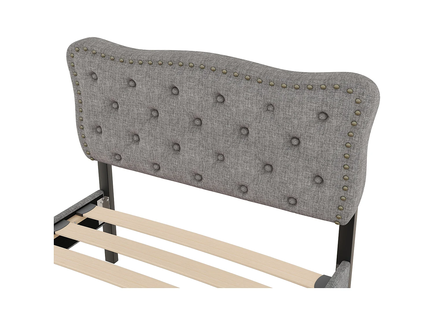 Eenpersoonsbed kinderbed 90x200 cm met lattenbodem - in hoogte verstelbaar hoofdbord met 2 lades - linnen - grijs (zonder matras)