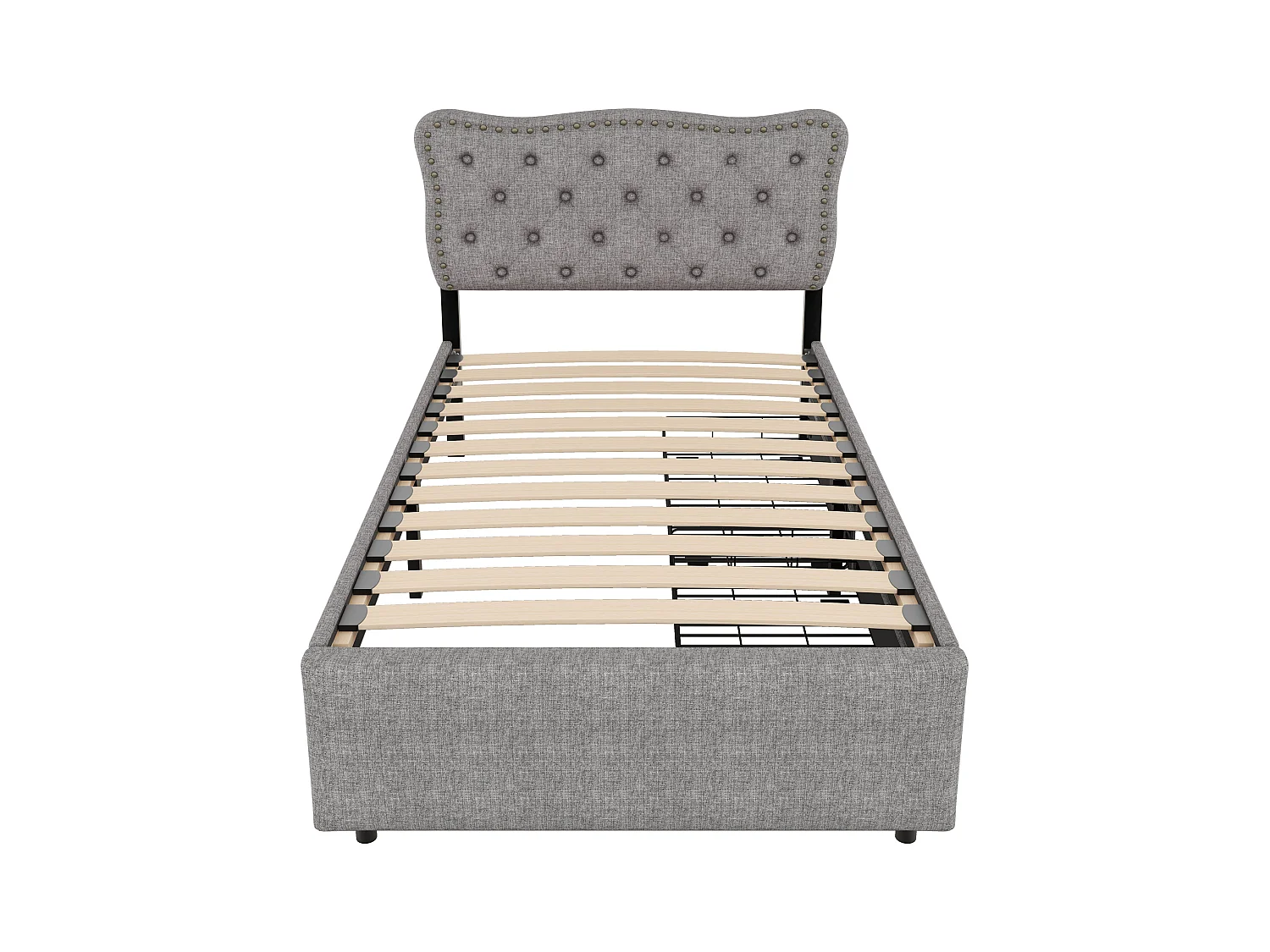 Eenpersoonsbed kinderbed 90x200 cm met lattenbodem - in hoogte verstelbaar hoofdbord met 2 lades - linnen - grijs (zonder matras)