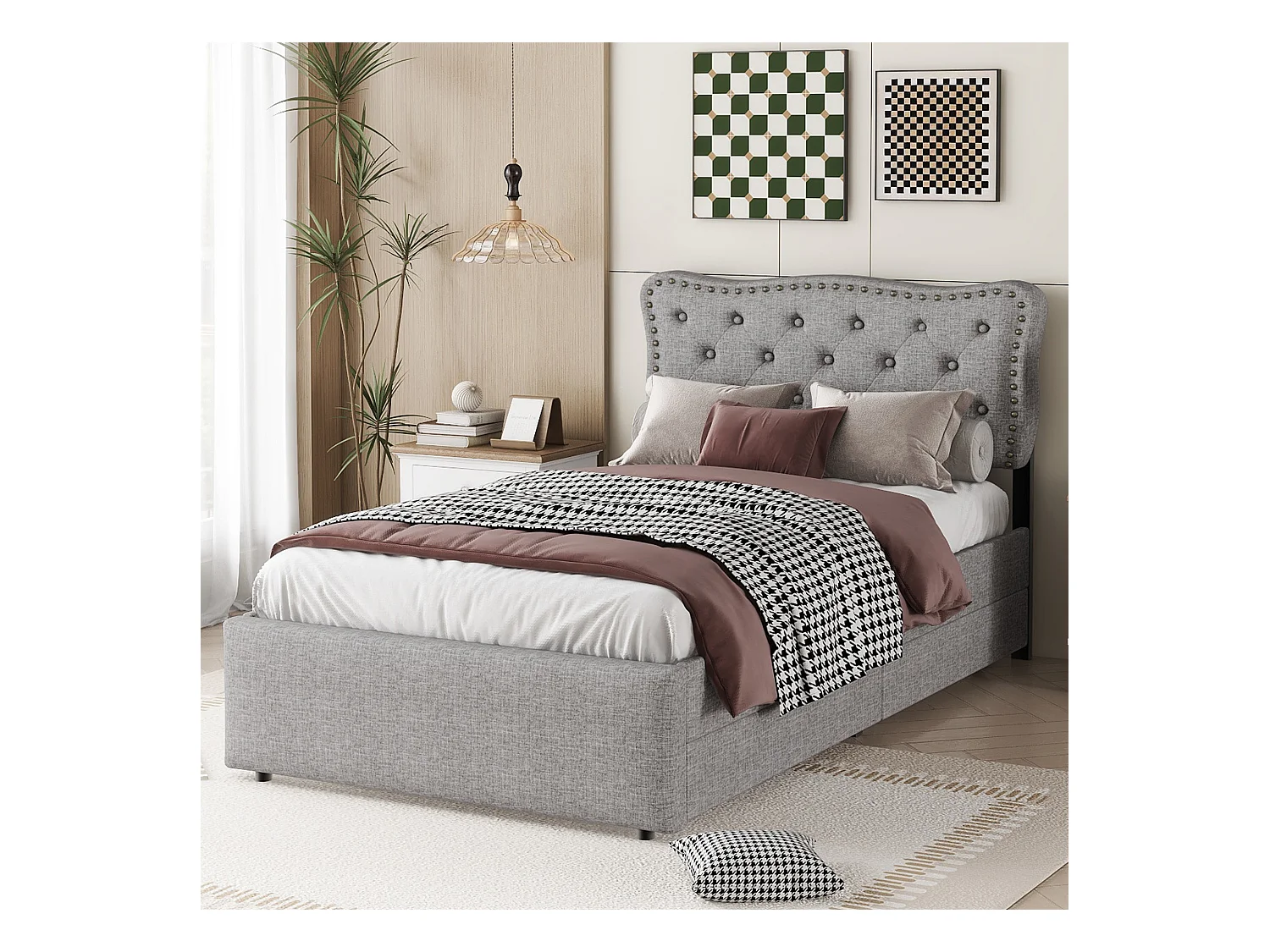 Eenpersoonsbed kinderbed 90x200 cm met lattenbodem - in hoogte verstelbaar hoofdbord met 2 lades - linnen - grijs (zonder matras)