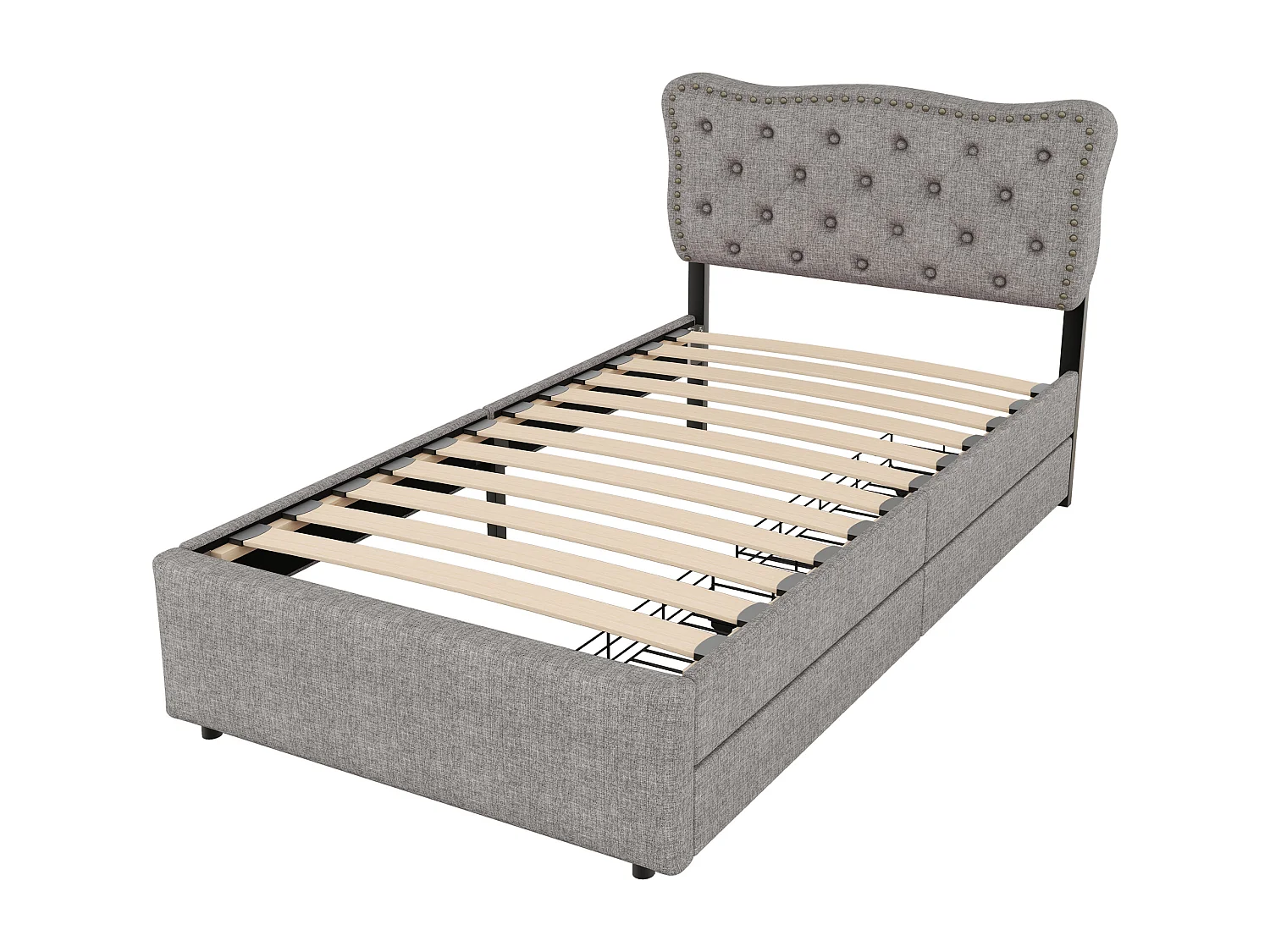 Lit enfant 90x200 cm avec sommier - tête de lit réglable en hauteur avec 2 tiroirs - lin - gris (sans matelas)