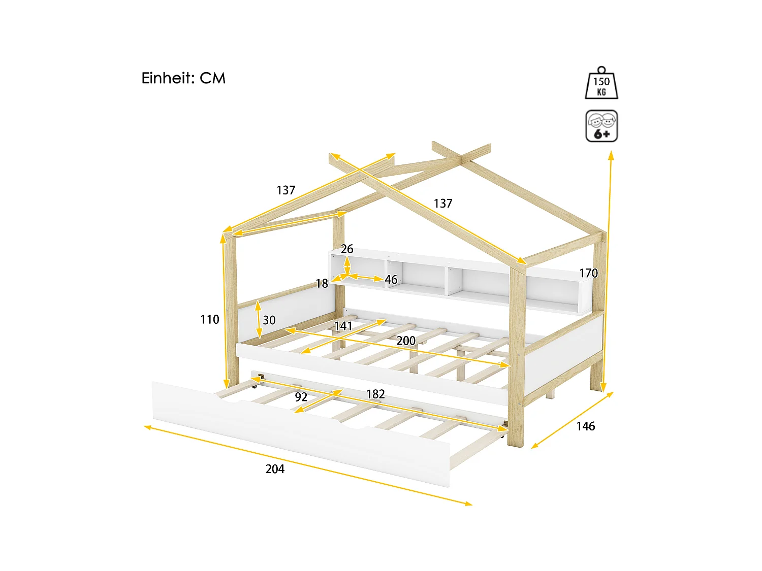Lit cabane enfant 140x200 cm avec protection anti-chute - lit gigogne et rangements - bois - blanc (sans matelas)