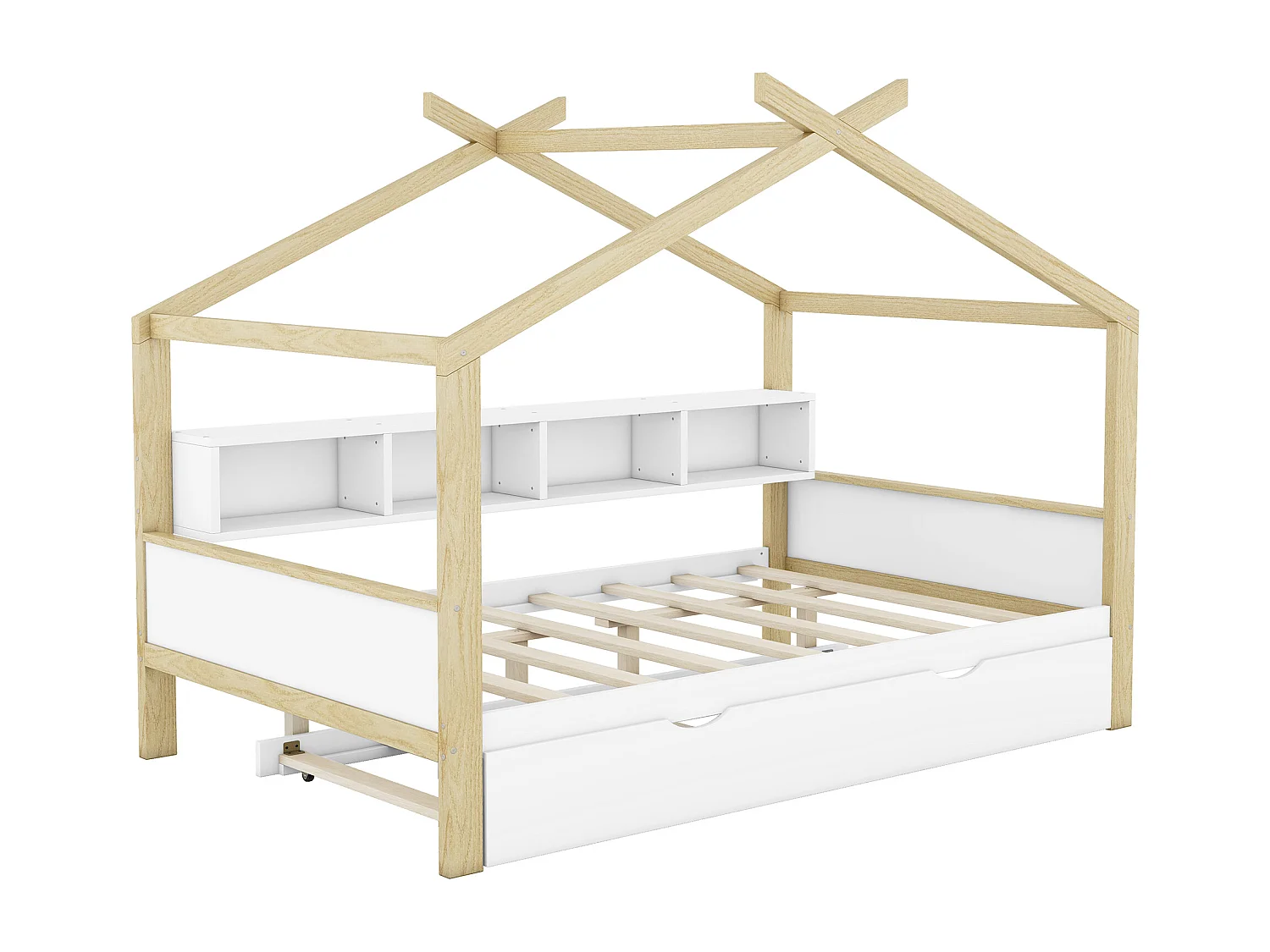 Lit cabane enfant 140x200 cm avec protection anti-chute - lit gigogne et rangements - bois - blanc (sans matelas)