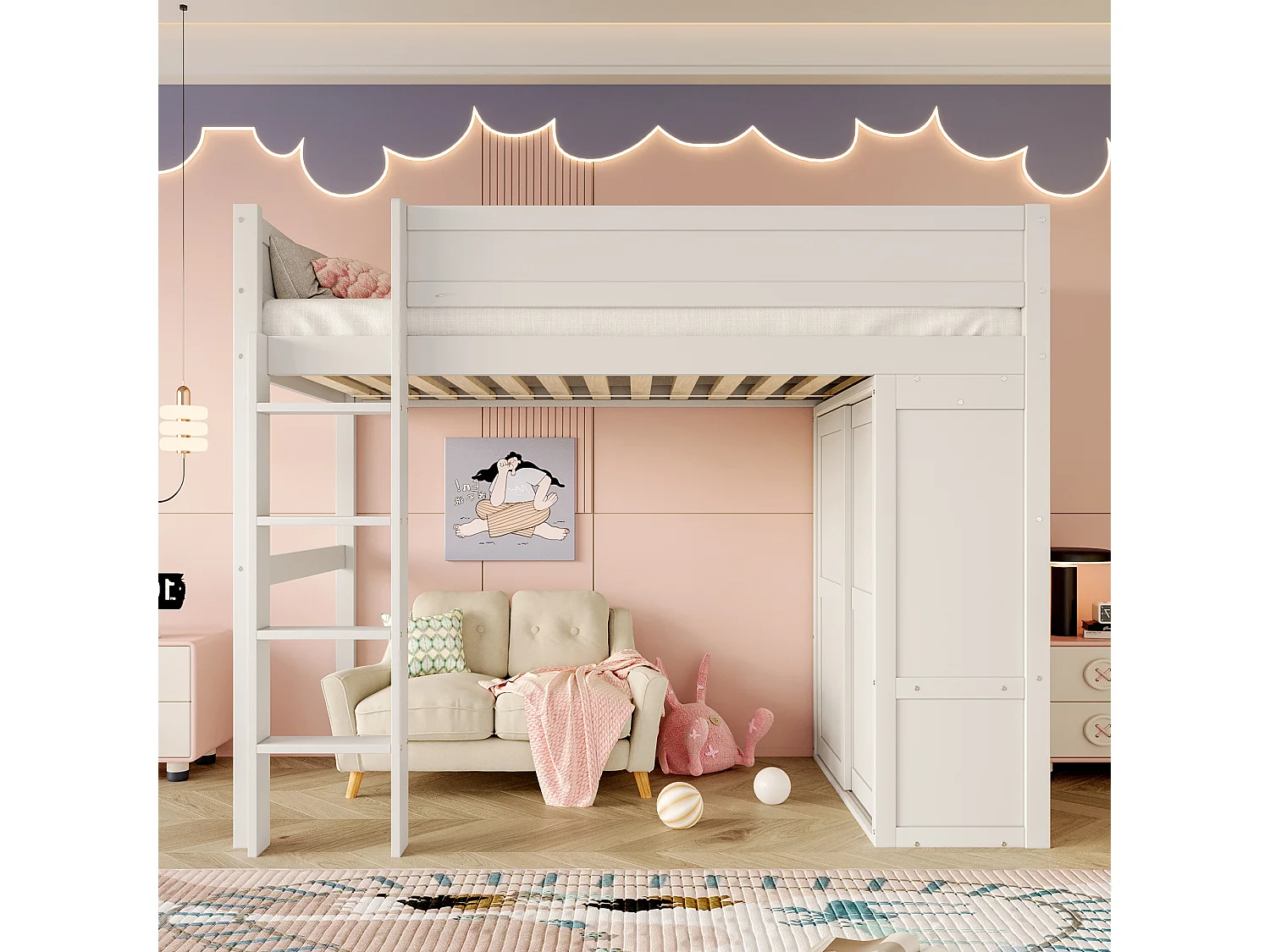 Kinderhoogslaper 90x200 cm met valbeveiliging - kledingkast - hout - wit (zonder matras)