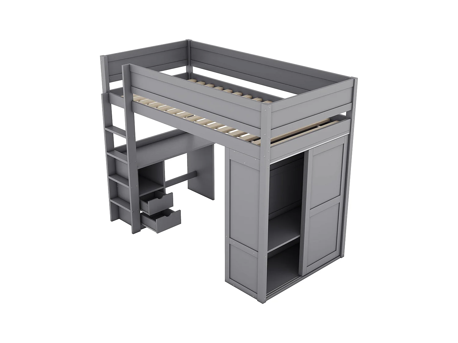 Lit mezzanine enfant 90x200 cm avec bureau et 3 tiroirs et penderie - protection anti-chute - bois - gris (sans matelas)