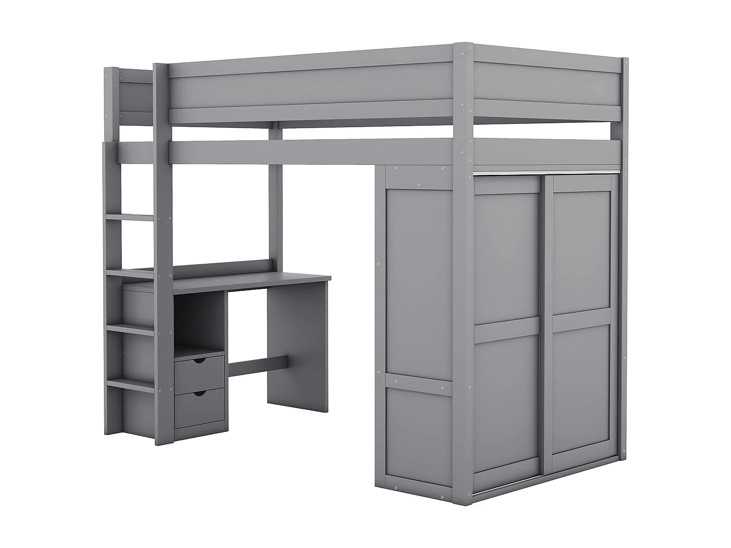 Lit mezzanine 90x200 cm avec bureau et 3 tiroirs et penderie - protection anti-chute - bois - gris (sans matelas)