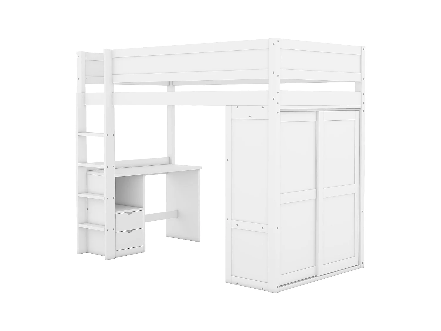 Lit mezzanine enfant 90x200 cm avec bureau et 3 tiroirs et penderie - protection anti-chute - bois - blanc (sans matelas)
