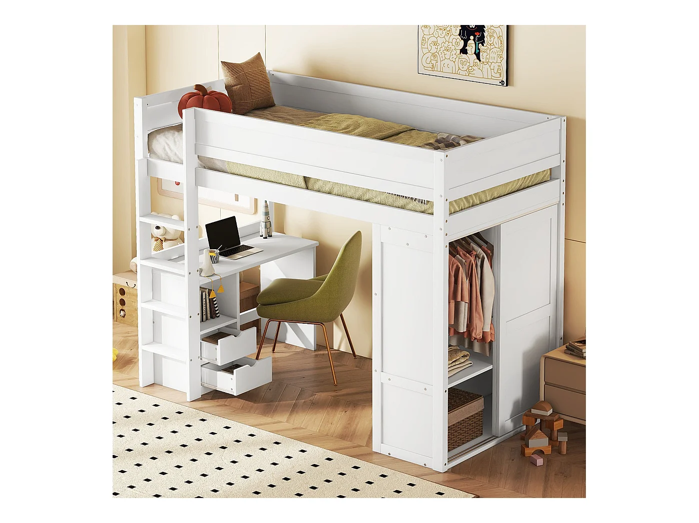 Lit mezzanine enfant 90x200 cm avec bureau et 3 tiroirs et penderie - protection anti-chute - bois - blanc (sans matelas)