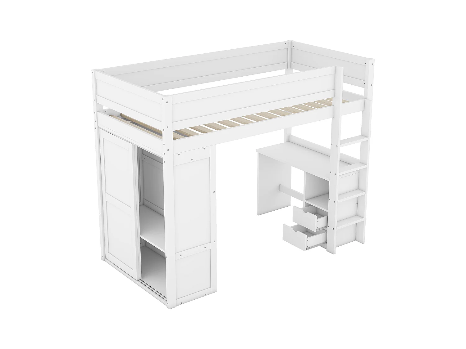 Kinderhoogslaper 90x200 cm met bureau en 3 lades en kledingkast - antivalbeveiliging - hout - wit (zonder matras)