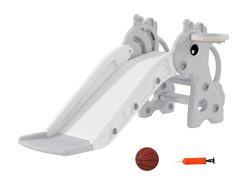 Toboggan enfant design girafon - panier de basket-ball intégré - ballon, pompe inclus - plastique gris blanc