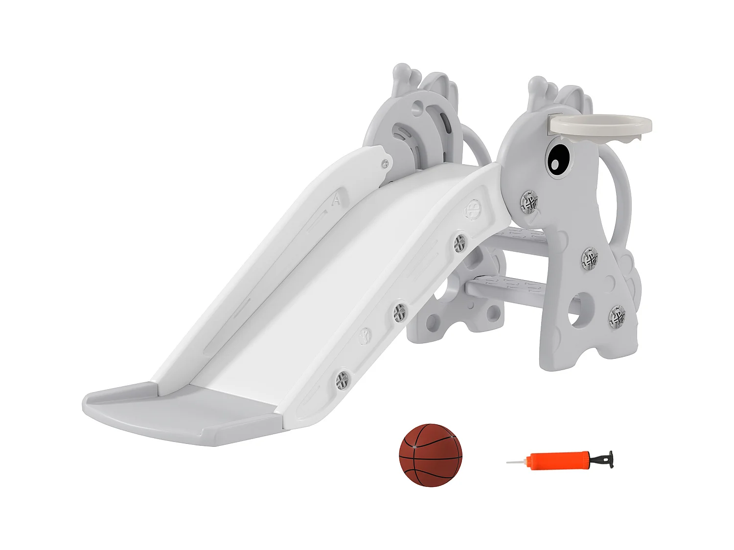 Toboggan enfant design girafon - panier de basket-ball intégré - ballon, pompe inclus - plastique gris blanc