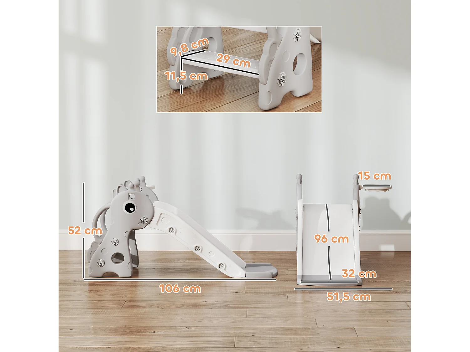 Toboggan enfant design girafon - panier de basket-ball intégré - ballon, pompe inclus - plastique gris blanc